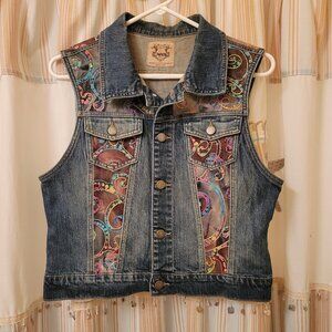 Upcycled Vintage Denim Vest Featuring Embroidered Batik